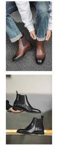 Gedetailleerde beelden van vintage leren Chelsea boots voor heren in bruin en zwart