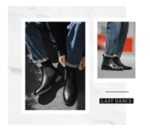 Gedetailleerde weergave van heren Chelsea boots van zwart leer met elastische zijpanelen