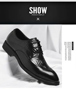 Close-up detail of black leather dress shoes with crocodile texture and brogue pattern