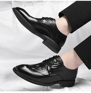 Close-up of black formal men's shoes with brogue details and crocodile texture.