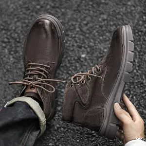 Men's Work Boots Vintage Outdoor Martin Boots High Top Pigskin Leather Lace Up Casual Boots Anti Slip Mid Heel Winter Shoes