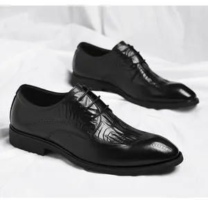 Close-up detail of black formal business dress shoes with crocodile texture and brogue