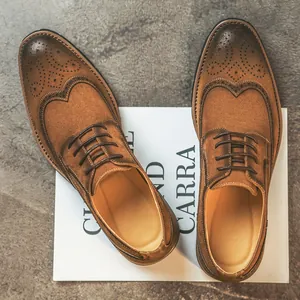 Heren Britse Vintage Brogue Derby Schoenen Suede Synthetisch Leer Zakelijk Casual Geklede Schoenen Wingtip Laag Veterschoenen
