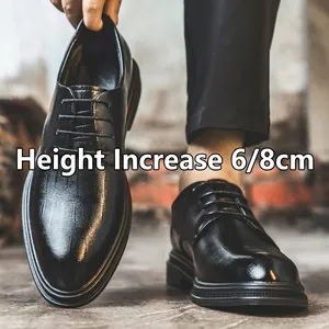 Men Business Formal Bonded Leather Shoes British Style Height Increasing Derby Shoes Black Crocodile Pattern For Wedding Office
