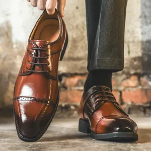 Men Vintage Regenerated Leather Business Dress Shoes Crocodile Embossed Brogue Lace-up Low Top Oxford Formal Wedding Shoes