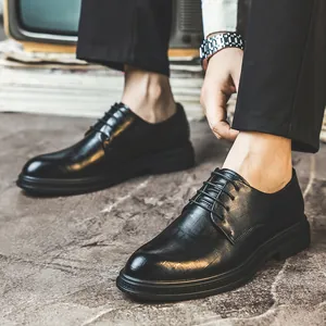 Elegant men's black leather derby shoes perfect for formal business or weddings.