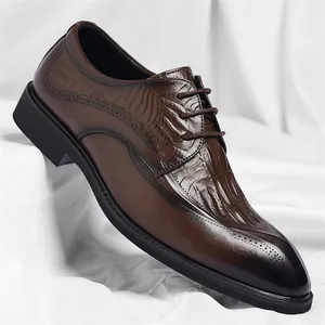 Elegant brown men's dress shoes with crocodile texture and brogue details for weddings