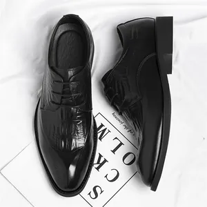 Classic black leather elevator shoes for men featuring elegant crocodile embossed pattern