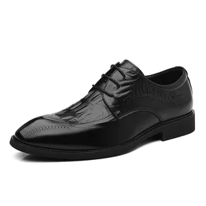 Classic men's black business dress shoes featuring crocodile texture and internal elevator heel