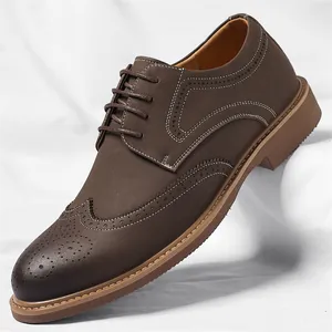 Premium brown men's brogue business dress shoes with elegant white stitching