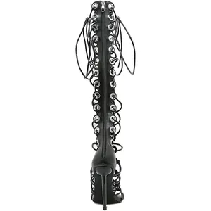 Achteraanzicht van zwarte kniehoge gladiator sandalen met naaldhak en ritssluiting