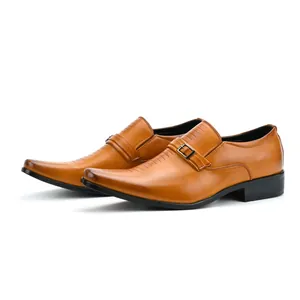 Side view detail of men's brown leather pointed-toe business loafers with buckle