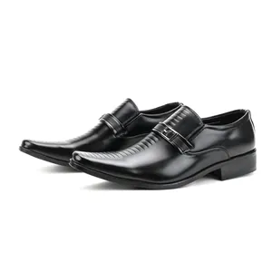 Side view of elegant black men's loafers with metal buckle and striped texture