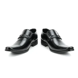 Front view of black men's business loafers with decorative metal buckle and toe texture.