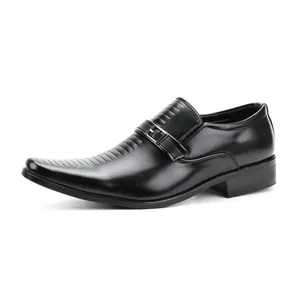 Classic black leather business loafer shoes for men with decorative buckle and stitching