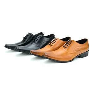 Classic men's pointed toe lace-up business dress shoes available in black and tan colors