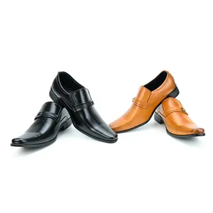 Elegant men's business loafers in black and tan leather featuring decorative straps