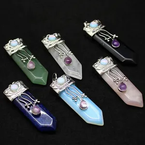 Collier Pendentif Épée Pilier en Cristal Hexagonal Vintage Pierre Naturelle Alliage Strass Bijoux pour Hommes Femmes