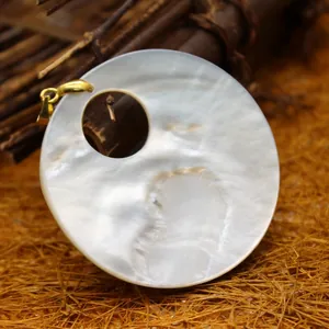 Minimalist round mother-of-pearl shell pendant with a beautiful pearlescent finish