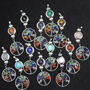 Collar con Colgante de Árbol de la Vida de Cristal Hecho a Mano Étnico Alambre Envuelto Virutas de Piedra Joyería Mujer Hombre