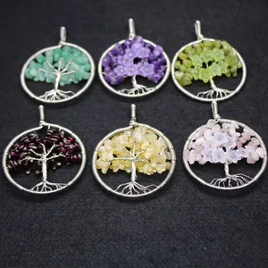 Handmade wire wrapped Tree of Life pendants with colorful natural crystal gemstone chips