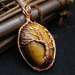 Handmade ethnic style rose gold wire wrapped tree of life tiger eye stone pendant
