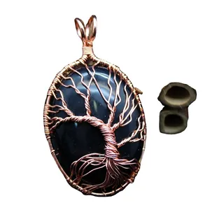 Handmade copper wire-wrapped tree of life pendant with oval black obsidian stone