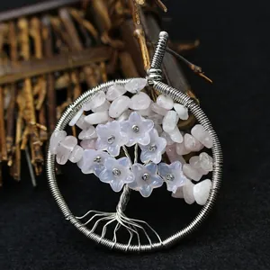 Handmade ethnic style tree of life wire wrapped pendant with rose quartz crystal stones