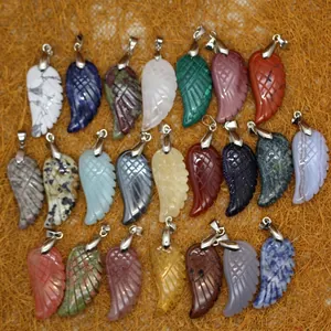 Carved Wing Natural Stone Pendant For Women Men Minimalist Alloy Feather Charms Maifan Stone Sodalite Agate Iron Ore Pendant