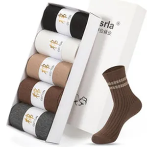 Five-pair pack of multi-color ribbed cotton crew socks presented in a white gift box