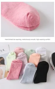 Macro view of flat toe seam and variety of colorful low cut cotton socks for women