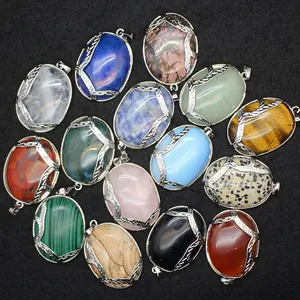 Vintage Naturstein Oval Anhänger Galvanisiert Legierung Hohle Blatt Pullover Kette Verschluss Charme Für Damen Halskette Schmuck Zubehör