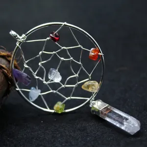 Chakra dreamcatcher pendant with natural colorful stones and white crystal pillar