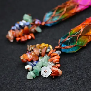 Rainbow electroplated crystal pillar car hanging ornament with woven mesh and stones