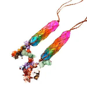 Rainbow plated crystal column car hanging ornament with natural mixed crushed stones