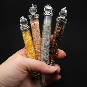 Naturstein Kristall Kies Wunschflasche Zepter Anhänger Halskette Spiritueller Heilstab Schmuck Retro Legierung Glas Handwerk