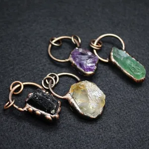 Handmade natural raw stone pendants with vintage copper frames, set of 4 unique colors