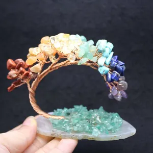 Handcrafted 7 Chakra natural crystal stone money tree ornament with an agate base