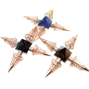 Rose gold spring pyramid ornaments with natural lapis lazuli and tiger eye stone