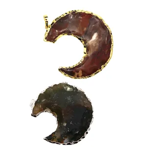 Pendentifs croissant de lune en agate indienne naturelle avec bords décoratifs en or et argent