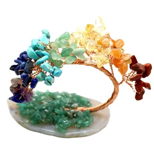 Handmade chakra crystal stone money tree with copper wire on agate base for home decor