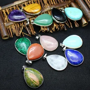 Simple Elegant Teardrop Gemstone Pendant Natural Stone Obsidian Amethyst Rose Quartz Water Drop Shape Necklace Jewelry Women