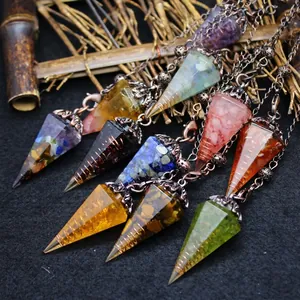 Retro Hexagonal Cone Dowsing Pendulum Necklace Natural Crystal Stone Crushed Resin Pendant Antique Copper Chain Jewelry