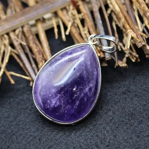 Elegant minimalist teardrop-shaped purple amethyst stone pendant necklace with silver bail
