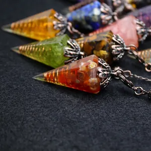 Retro hexagonal cone crystal pendulum pendants with crushed healing stones and metal chains