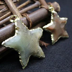 Natural Indian Agate Raw Ore Star Pendant Necklace Gold Plated Edge Minimalist Boho Geode Star Sweater Chain For Women