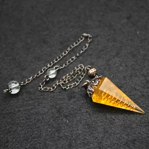 Yellow hexagonal cone crystal healing pendulum with vintage metal chain for meditation