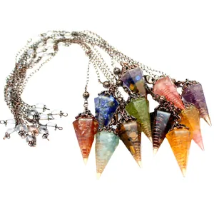 Retro hexagonal crystal stone dowsing pendulums with wire wrapped resin and metal chains