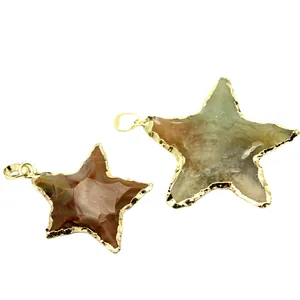 Minimalist natural Indian agate star pendant with elegant gold plated edge for necklace charm
