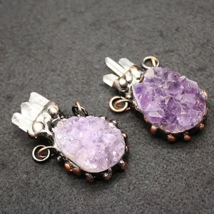 Pendentif Druzy en Améthyste Naturelle Avec Pointe de Cristal de Roche Alliage Bronze Vintage Collier Femme Bijoux